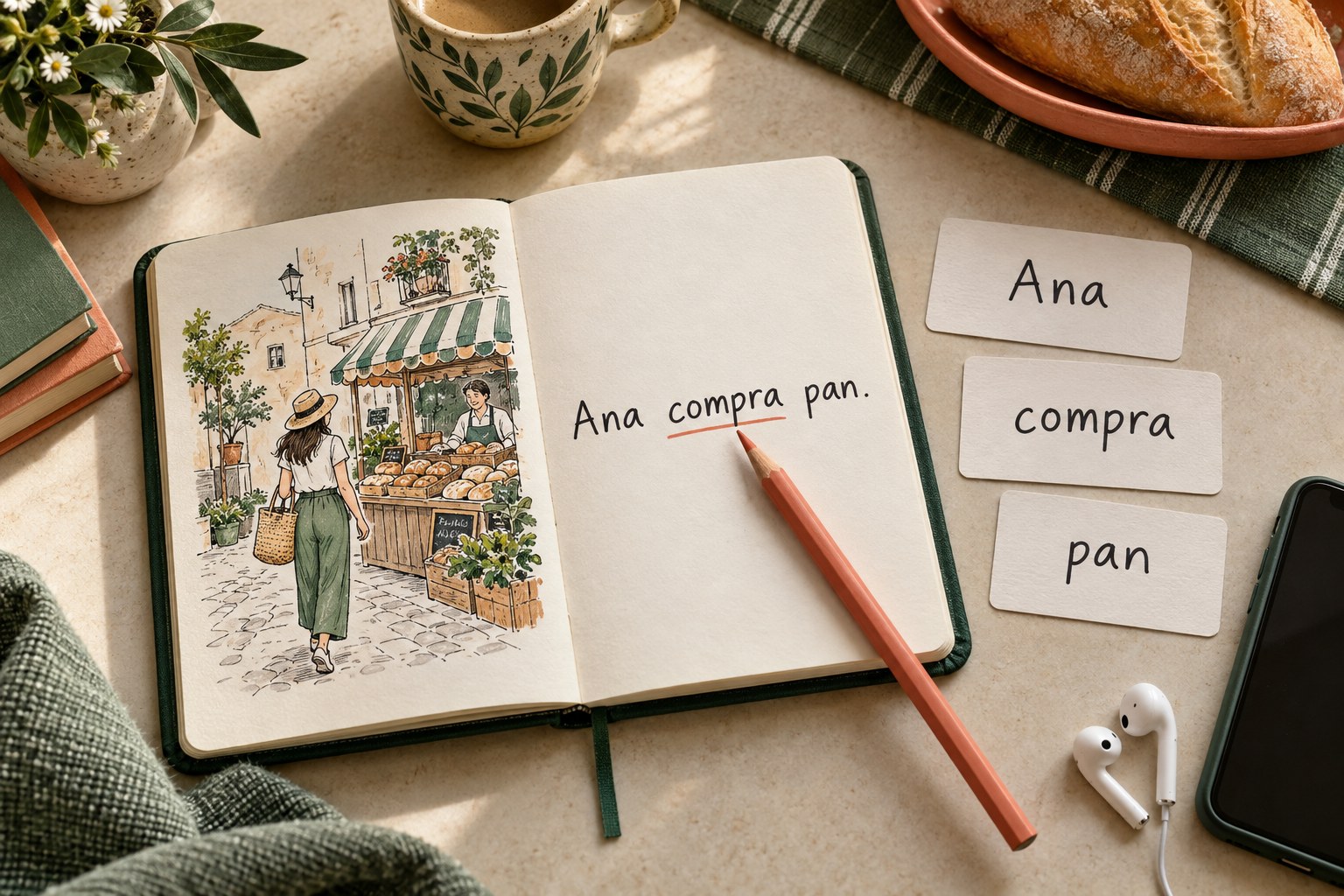 Open notebook with Spanish vocabulary cards, an underlined verb, a pencil, a smartphone, and earbuds on a pale stone surface.