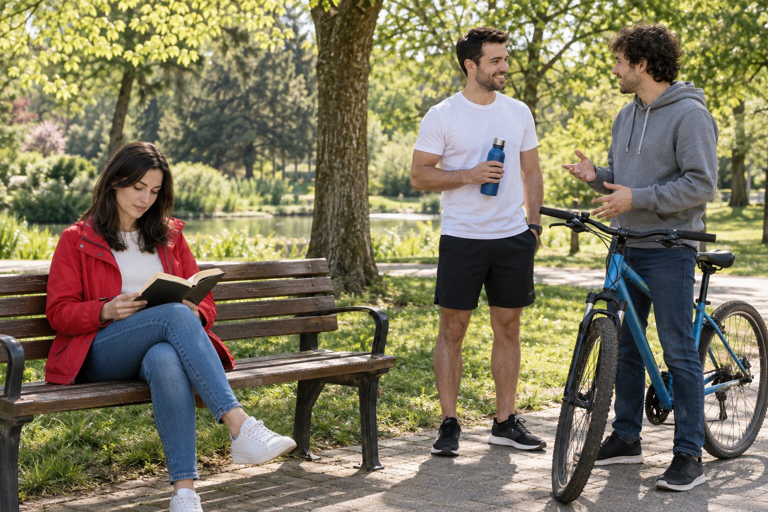 Escena de pràctica original generada per IA d'un parc amb una dona que llegeix en un banc i dos homes que conversen a prop d'una bicicleta