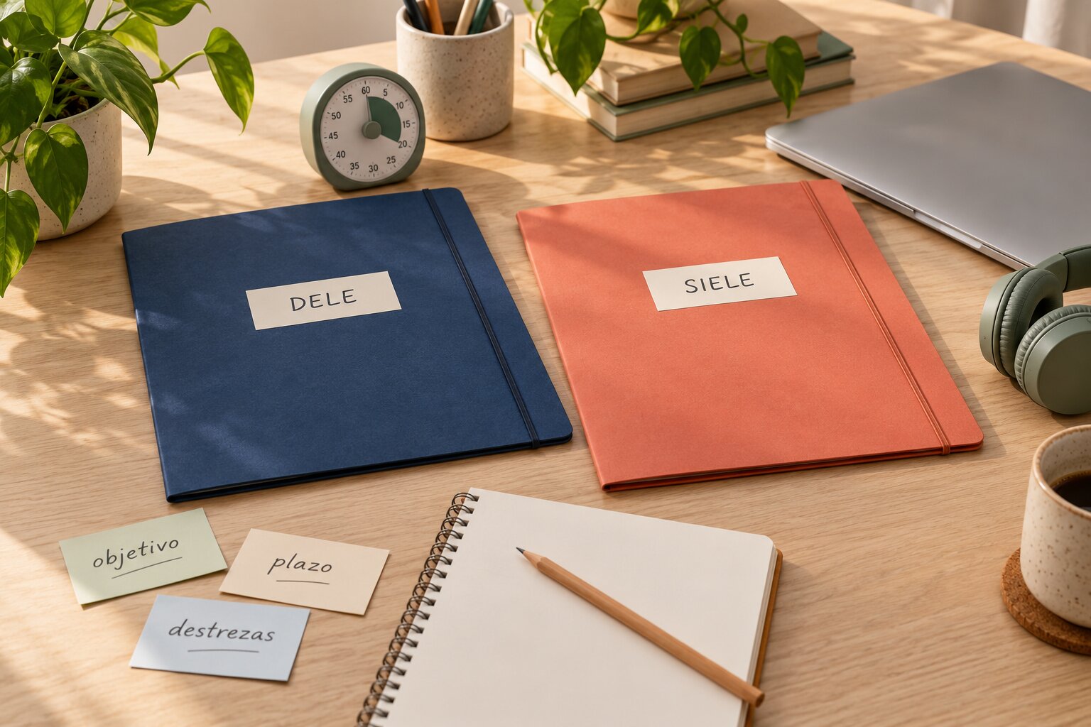 An AI-generated conceptual still life showing study folders labelled DELE and SIELE next to a laptop, notebook, and vocabulary cards without certificates.
