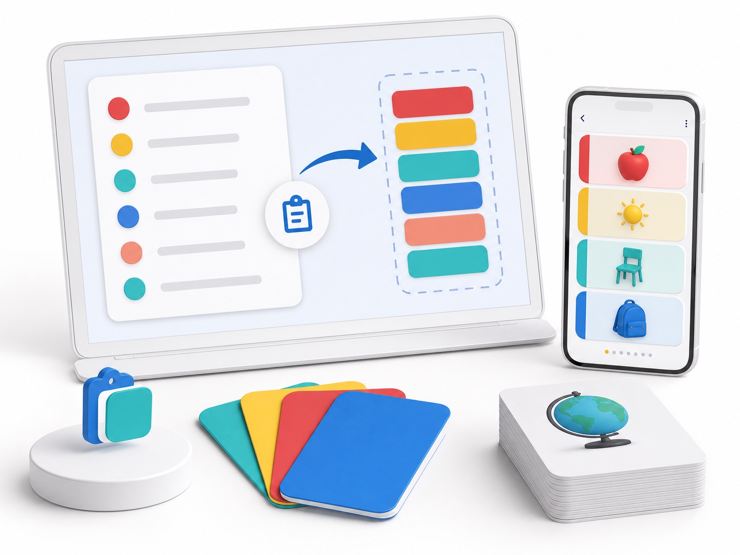 Ilustração de importação de uma lista de palavras numa app de flashcards