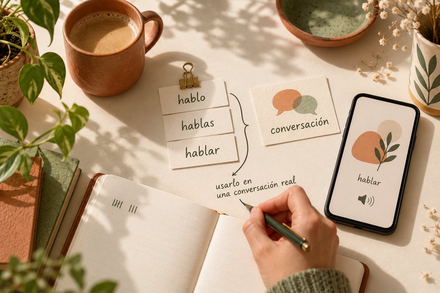 Editorial still life of Spanish word cards beside a notebook and generic smartphone.
