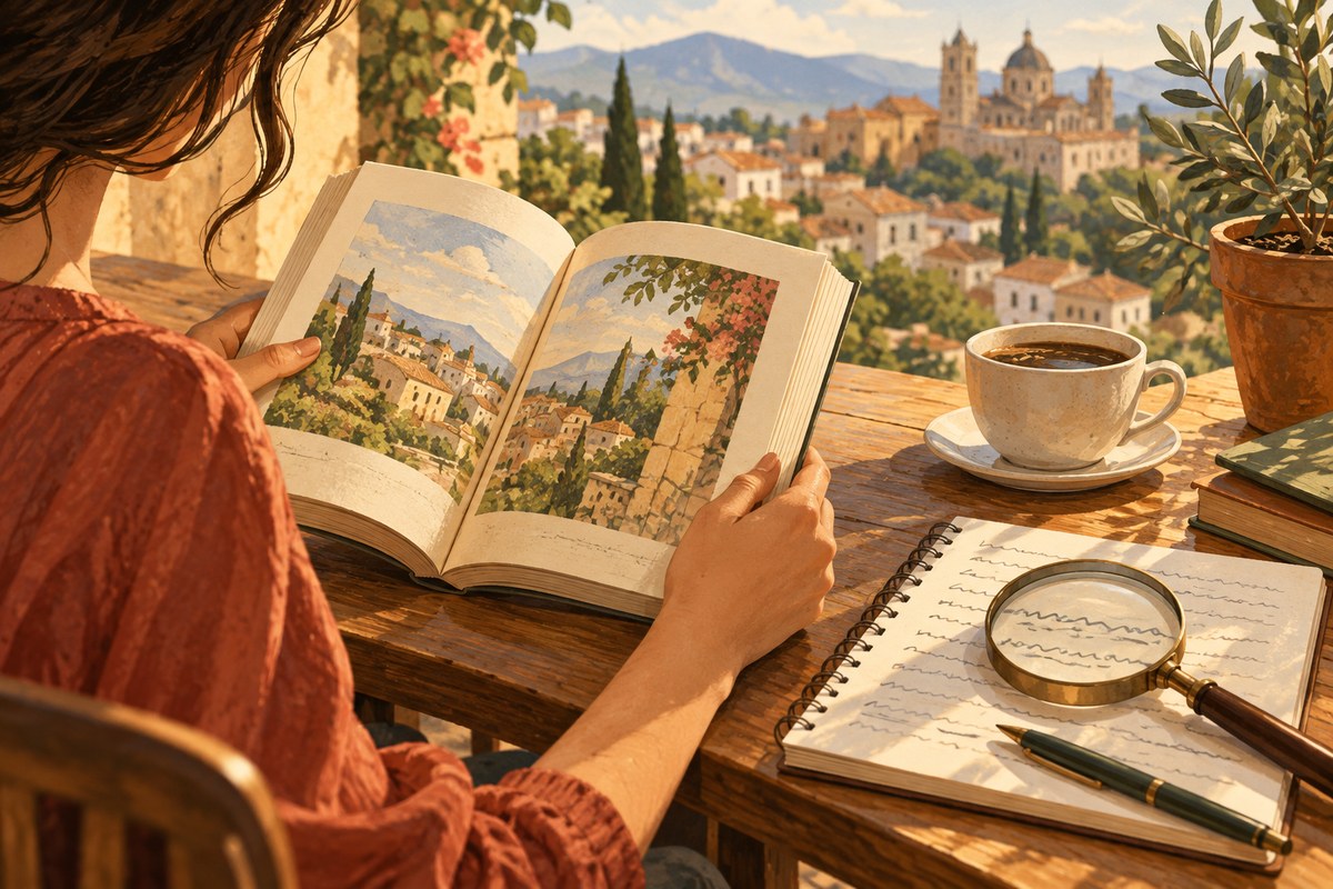 AI-generated fictional editorial illustration depicting a learner balancing a wide open storybook for extensive reading and a magnified notebook for intensive Spanish text analysis.
