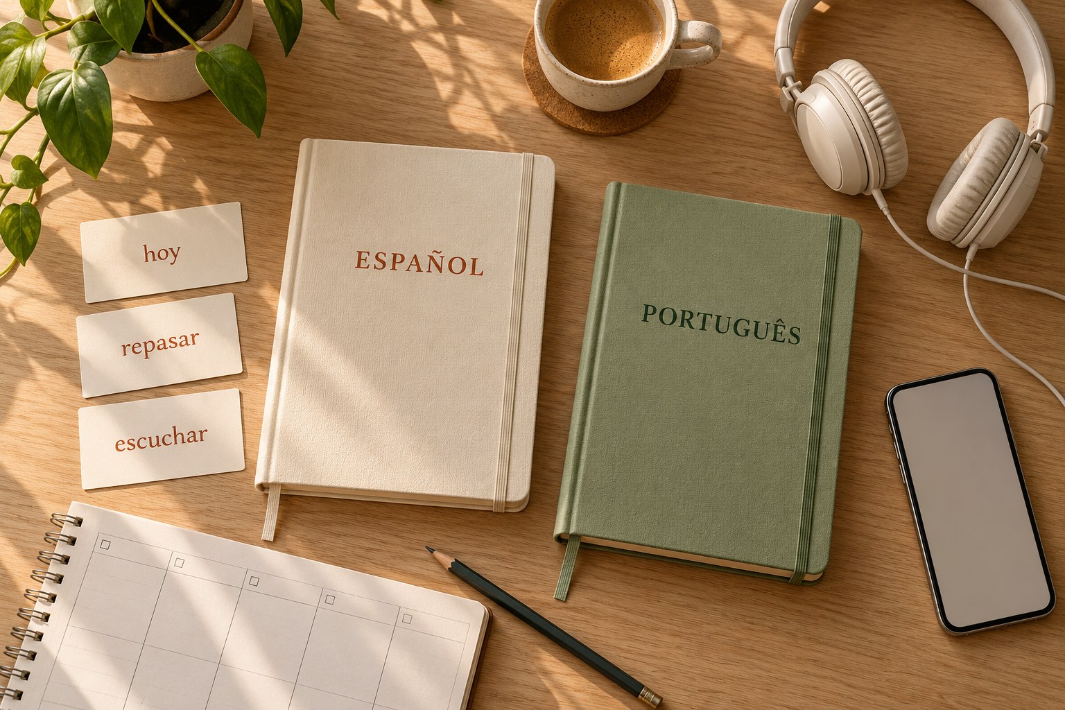 Editorial still life of labelled Spanish and Portuguese notebooks, flashcards, headphones, and blank phone.
