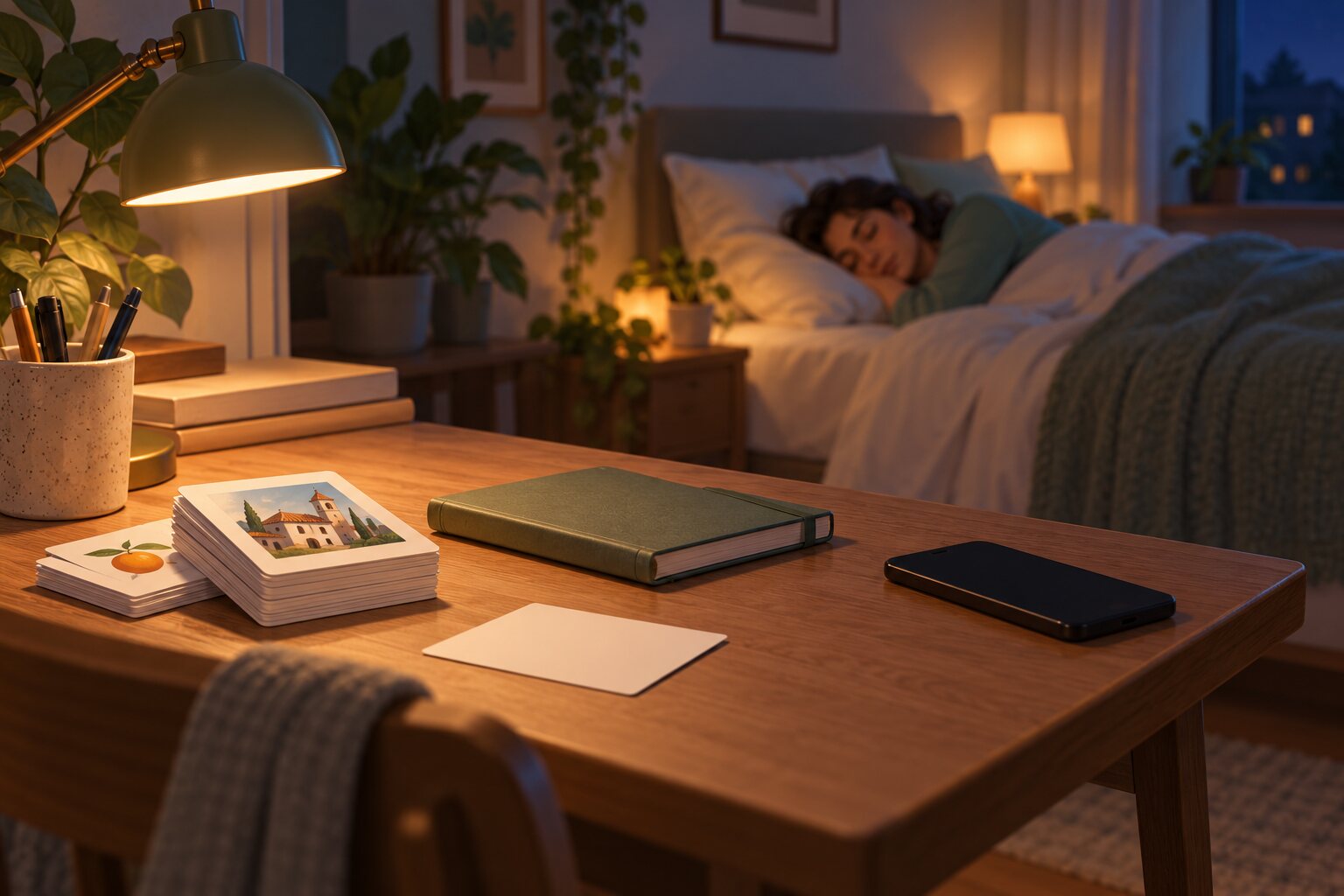 A person asleep in bed beside a desk with a stack of study cards, a closed notebook, a phone, and a lamp.