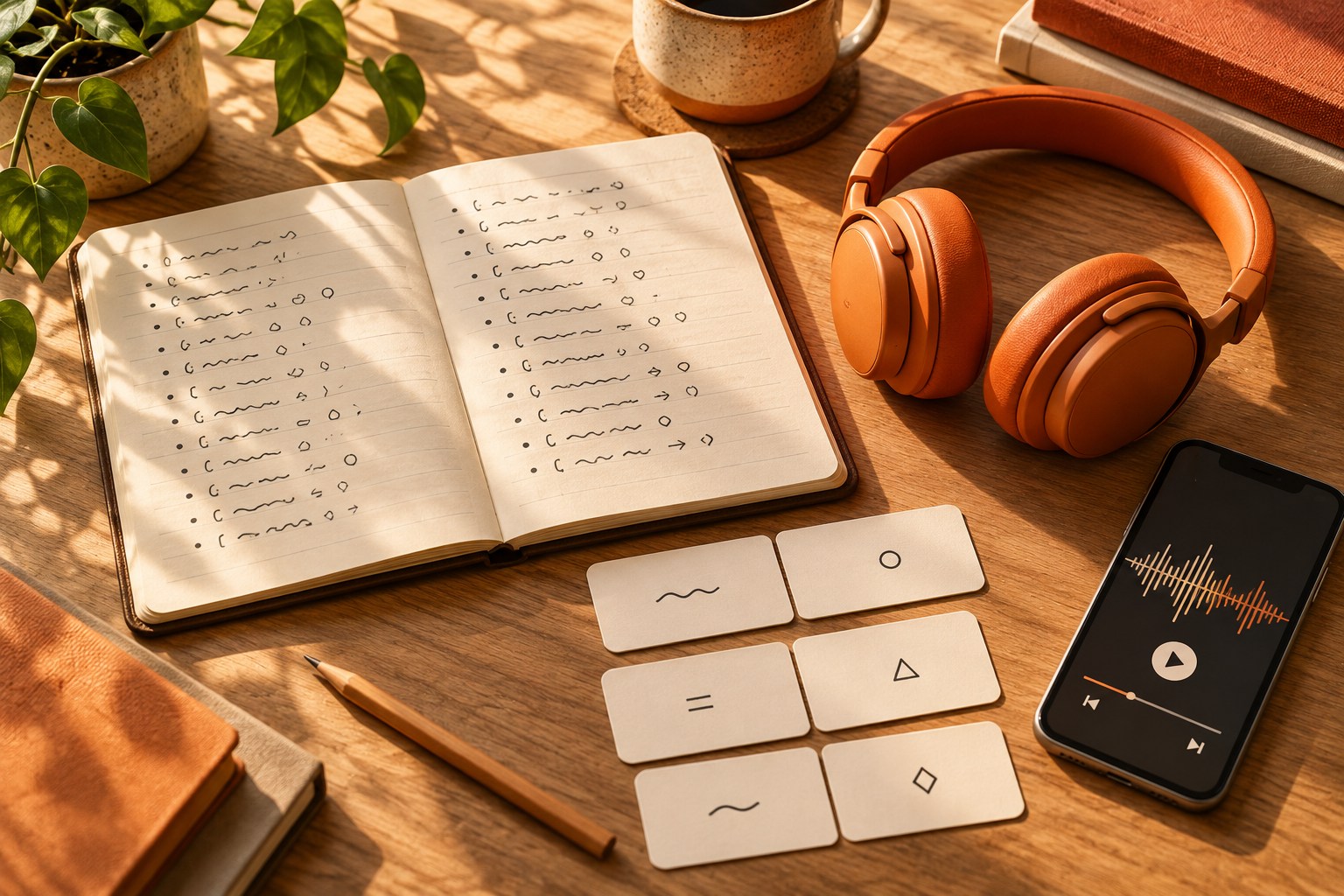 A wooden desk with headphones, a smartphone, and blank study cards marked with abstract geometric shapes and no readable text.
