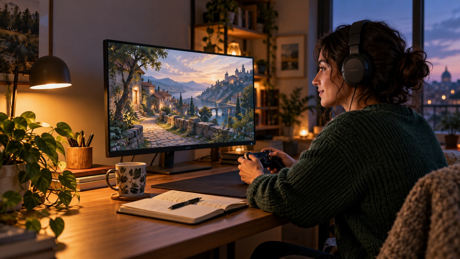 A person holding a game controller while reviewing Spanish dialogue subtitles on a screen with a small study notebook nearby