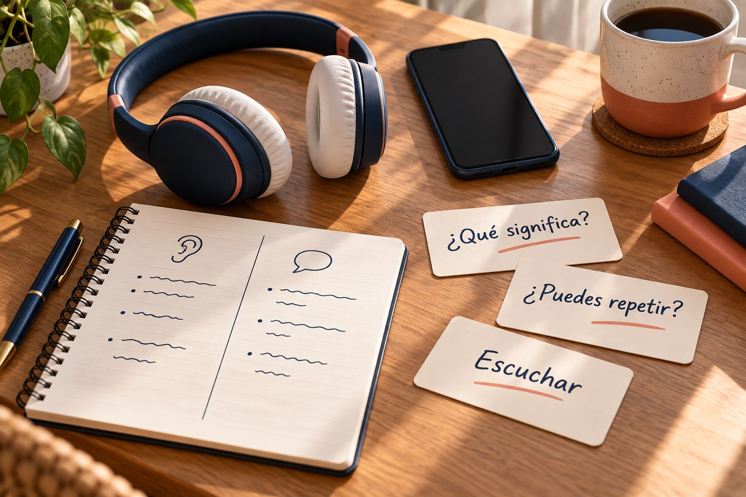 AI editorial still life: listening desk with headphones, phone, notebook, and Spanish phrase cards without app UI.