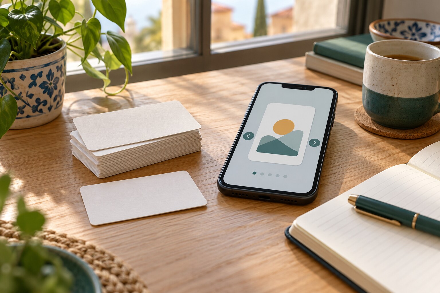 Hand holding paper Spanish vocabulary cards alongside a smartphone running a clean flashcard application