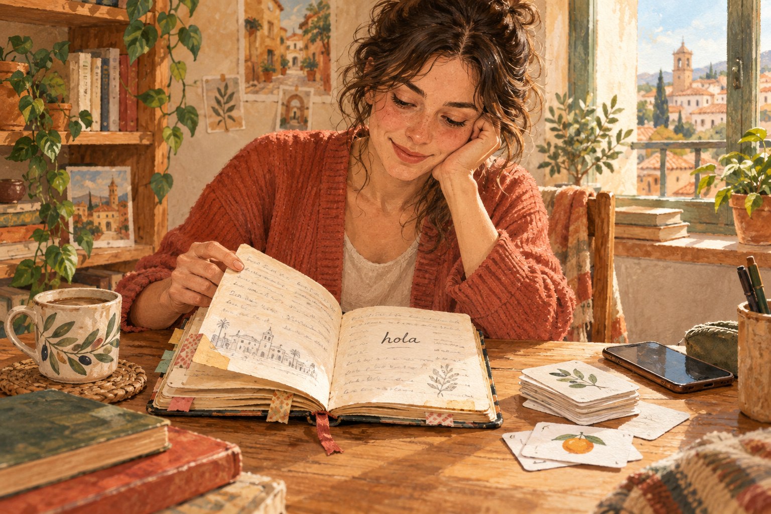 Adult at a wooden desk reopening a well-used Spanish notebook beside word cards and a phone.