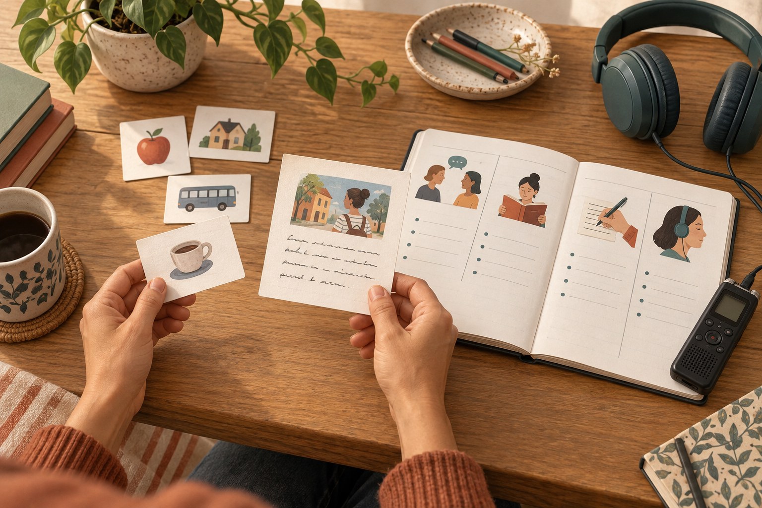 Original AI illustration of an adult learner organizing Spanish practice notes and cards at a desk