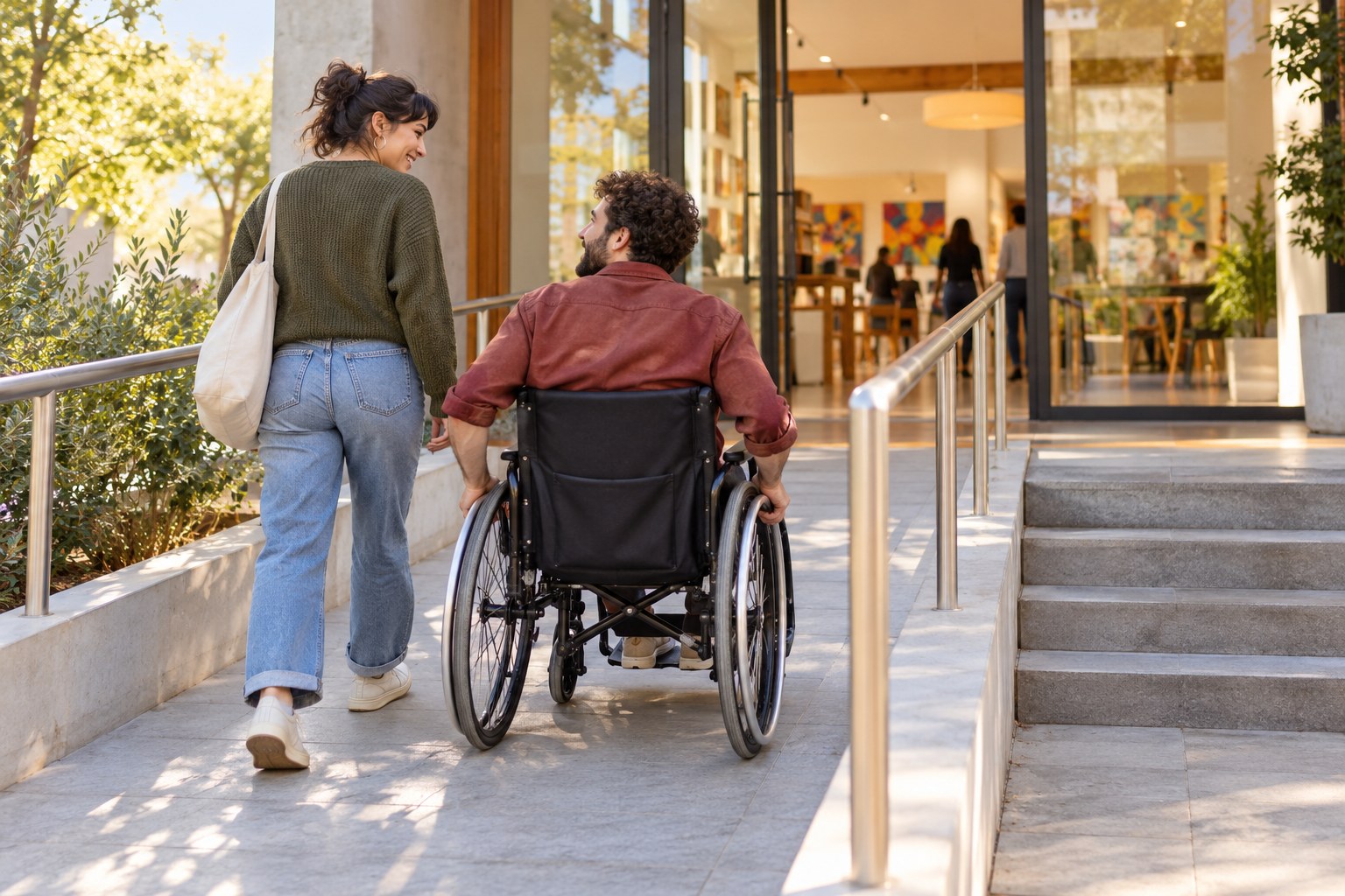 A wheelchair traveler and their companion walk together along a gently graded ramp toward a venue entrance.