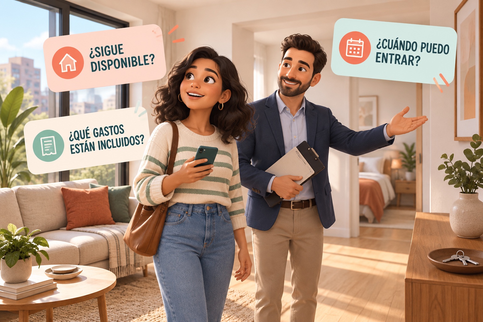 المستأجر يشاهد شقة مشرقة بجانب قراءة البطاقات الإسبانية¿Sigue disponible?, ¿Qué gastos están incluidos?و¿Cuándo puedo entrar?