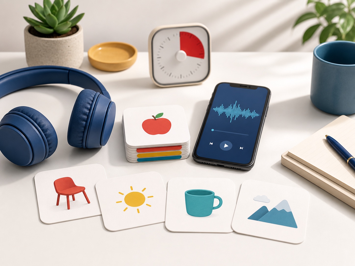 Auscultadores, temporizador, telefone com áudio e flashcards de espanhol