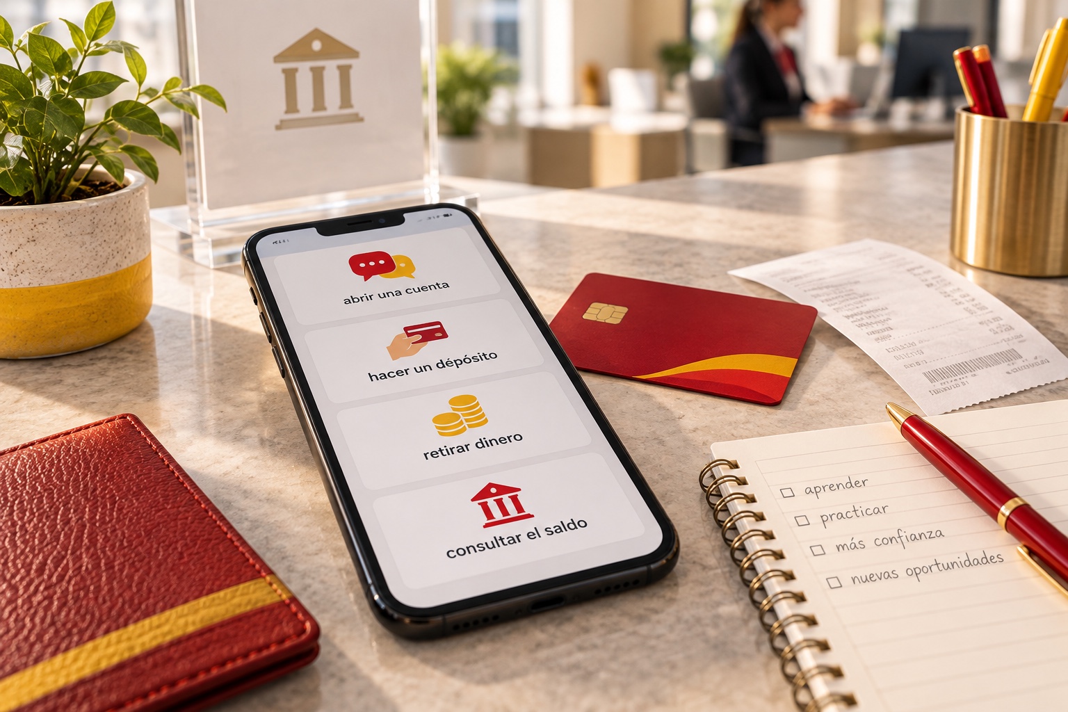 البطاقات التعليمية لعبارات البنك الإسبانية بجانب البطاقة المصرفية والإيصال