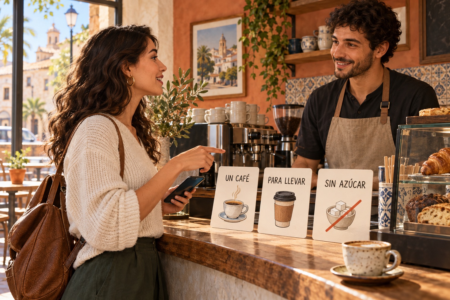 مسافر يطلب في مقهى ويحمل بطاقات دراسية إسبانية تقرأ un Café وpara llevar وsin azúcar