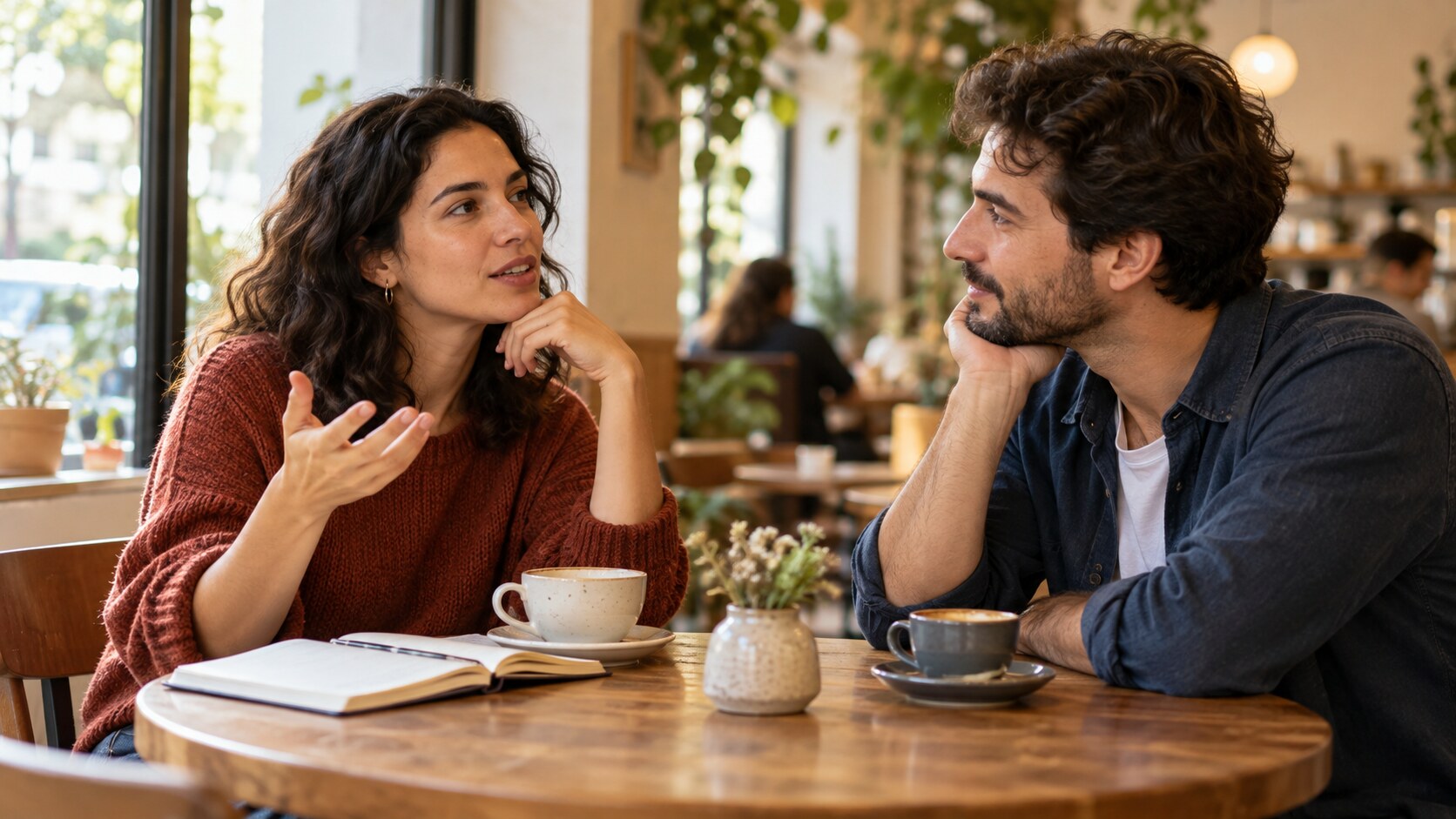 Two adult professionals sitting at a cafe table conversing thoughtfully in Spanish with natural hand gestures