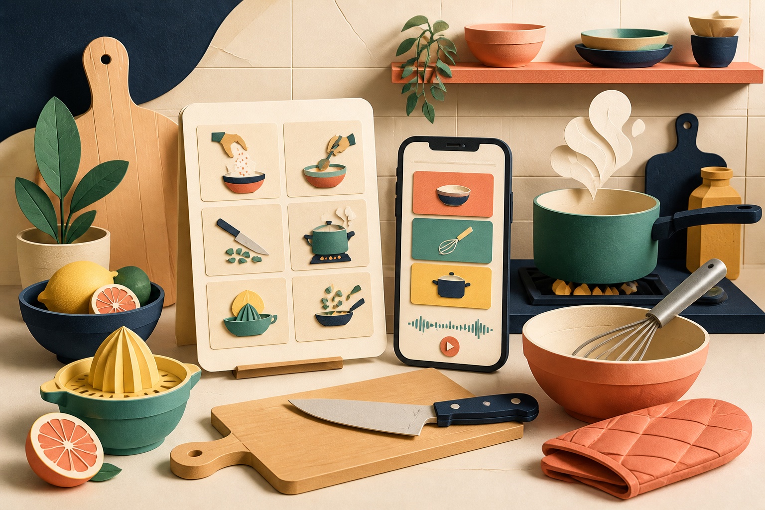 Cenário de cozinha em papel recortado com frigideira, legumes, cartões de receita e cartões de aprendizagem sem texto