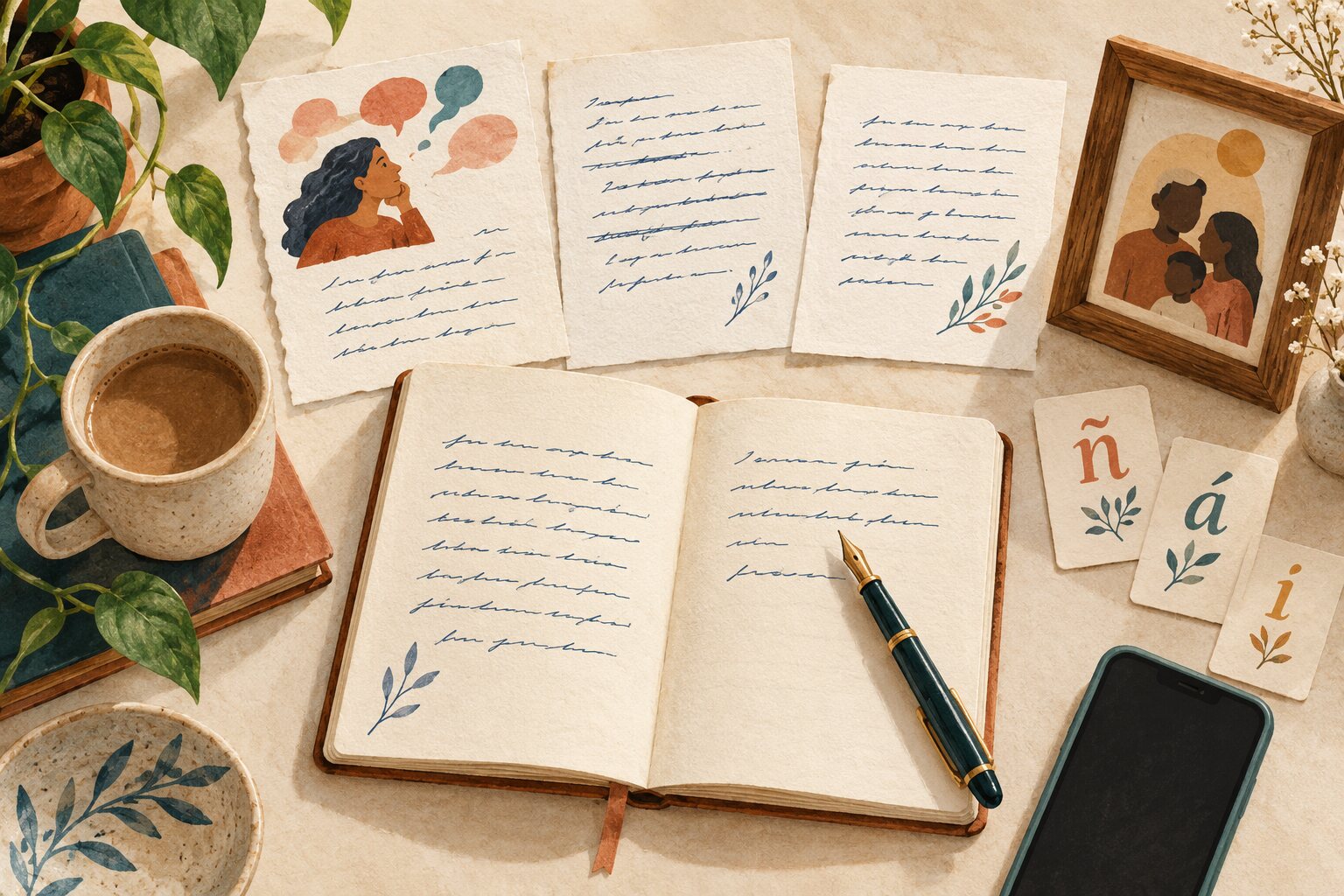 An open writing notebook, a family keepsake, handwritten letters, and a blank generic phone resting on a wooden table.