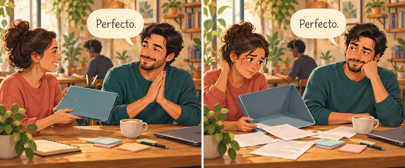 Original conceptual illustration showing two contrasting contexts for an identical Spanish phrase