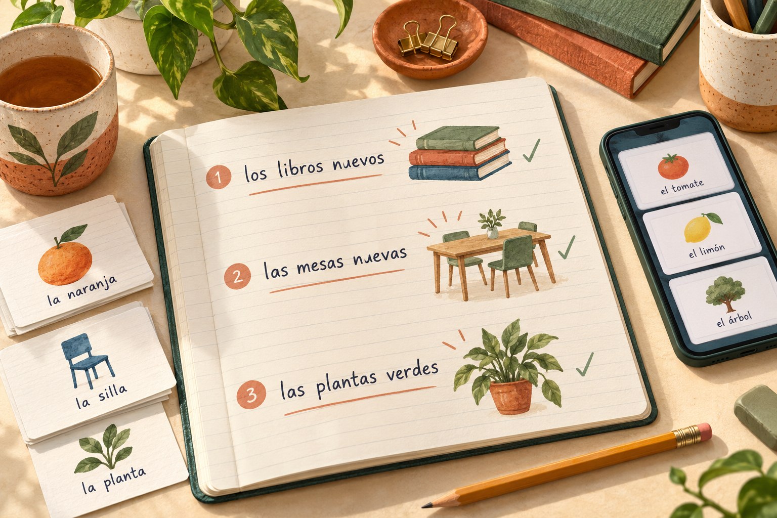Spanish error log notebook beside study cards