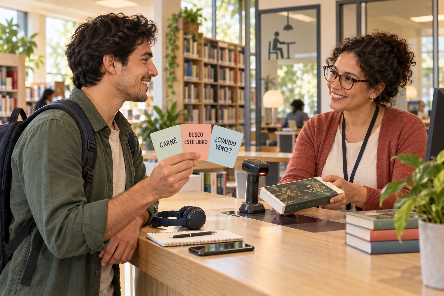 متعلم في مكتب المكتبة يحمل بطاقات إسبانية مكتوب عليهاcarné, busco este libroوcuándo vence