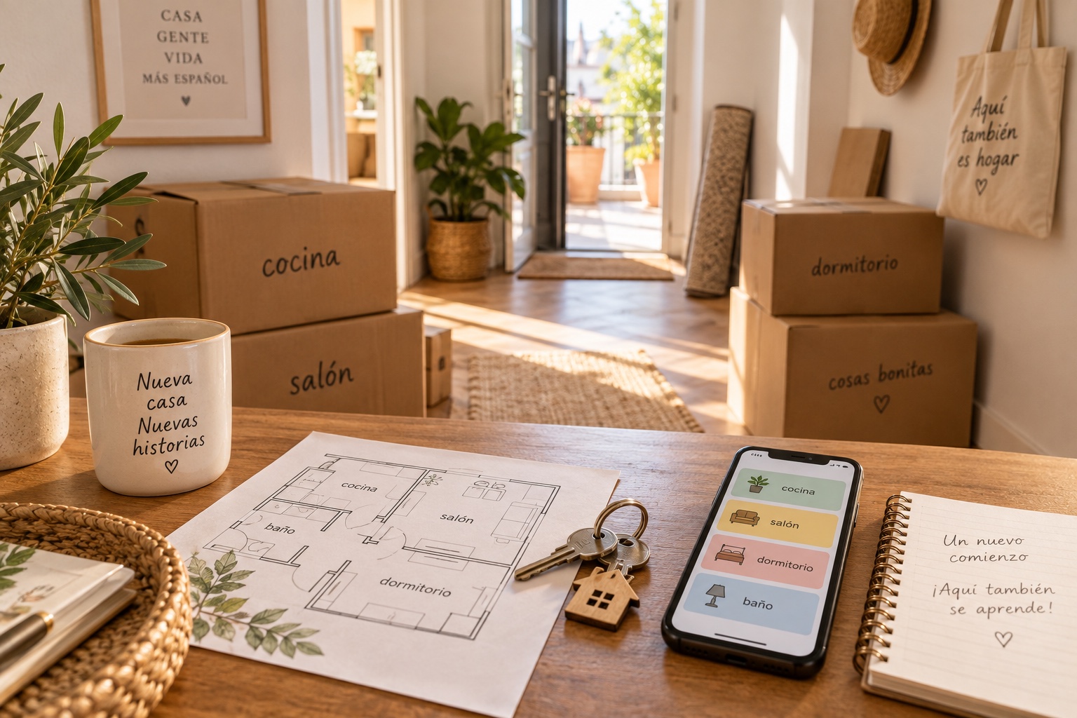 الصناديق المتحركة، والمفاتيح، ومخطط الأرضية، والبطاقات التعليمية الإسبانية في منزل مشرق