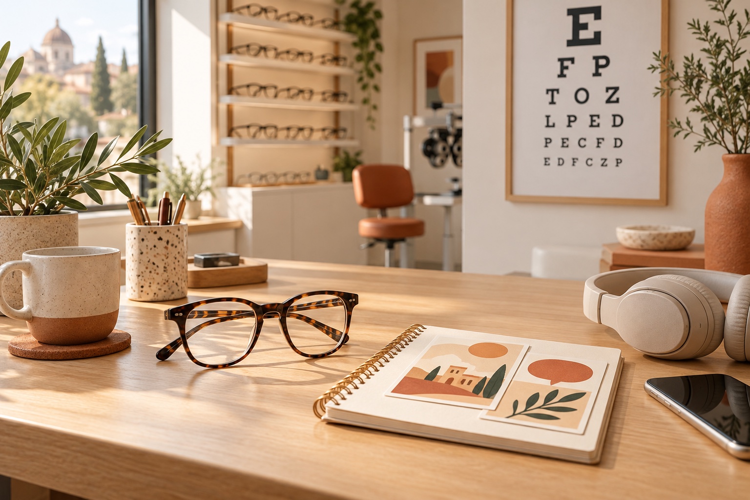 بطاقات عبارات لأخصائي البصريات الإسبانية بجانب النظارات ومخطط العين وسماعات الرأس