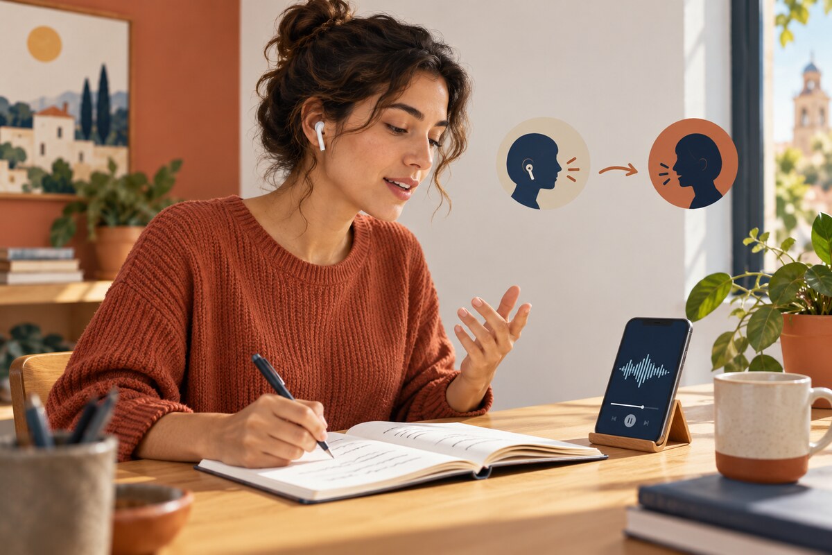 Original AI illustration of a focused language learner wearing headphones and vocalizing Spanish phrases while reviewing written study materials at a desk.