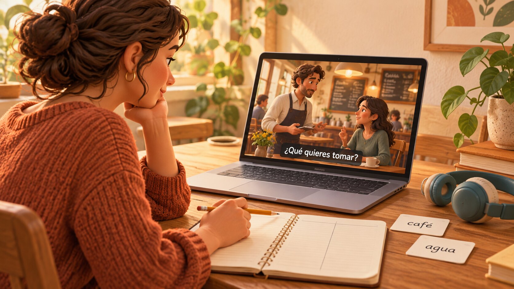 AI-generated original fictional cafe illustration of an adult studying Spanish on a laptop with notes and flashcards at a cafe table, not an app screenshot or research photo.