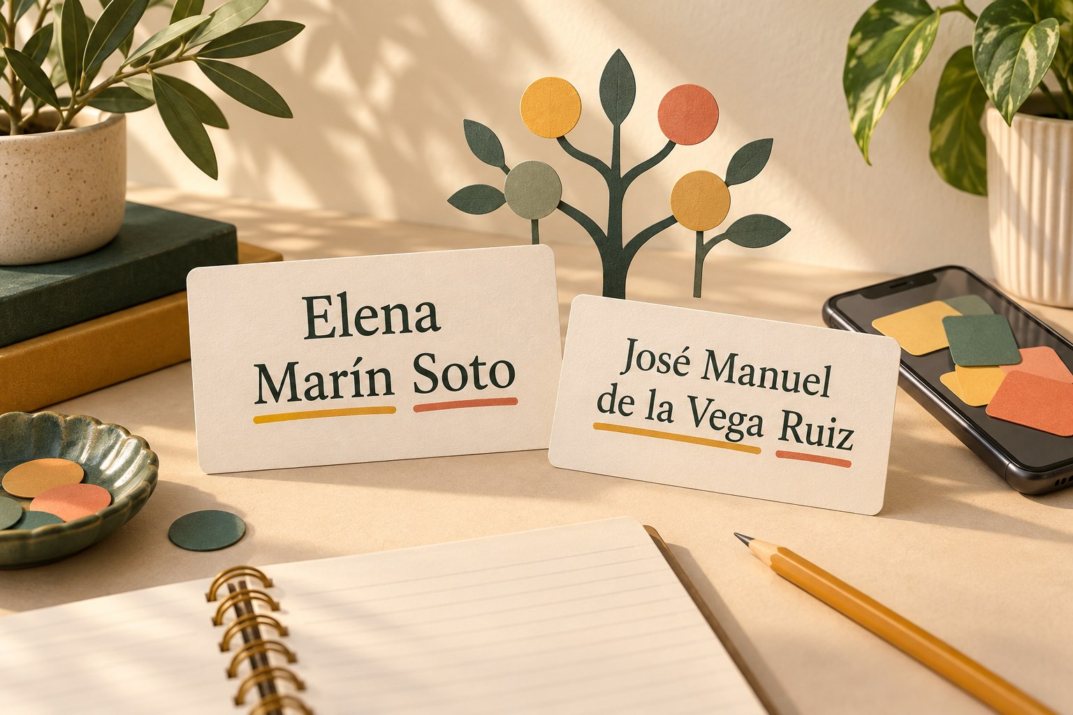 Notebook and fictional study name cards showing Spanish name parts beside a blank phone